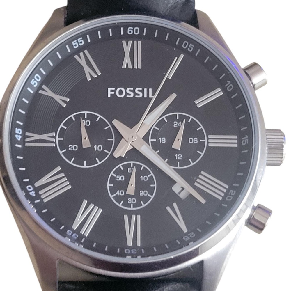 Fossil Grant Chronograph Watch Mens Black Silver Leather Band Roman Num FS4812